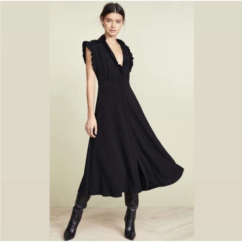 IRO Paris Hurray Ruffle Trimmed V Neck Black Midi Dress EU 40 US 8 Luxury $495